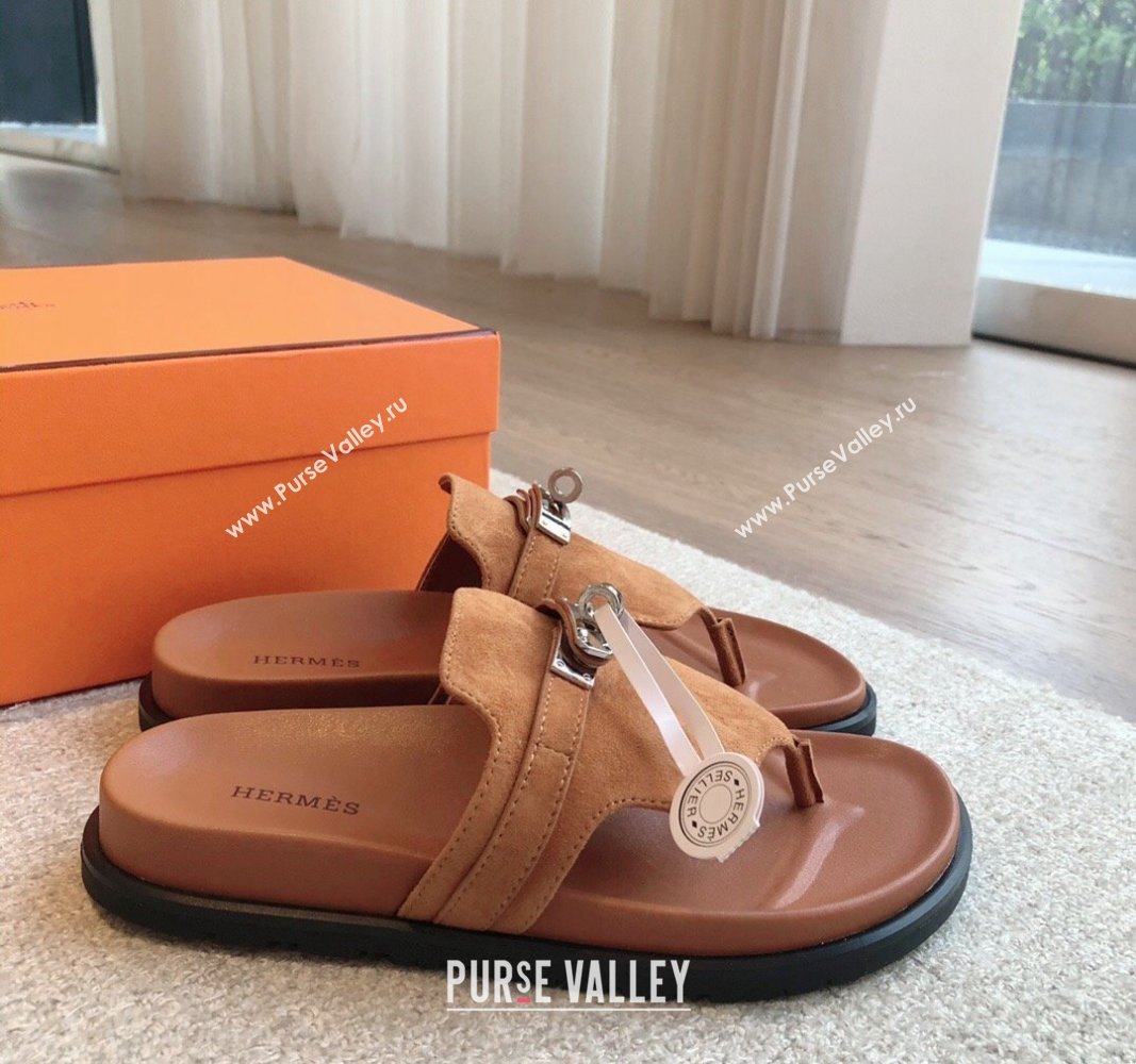 Hermes Empire Thong Slide Sandal in Suede with Kelly Buckle Brown 2024 (XC-240703025)