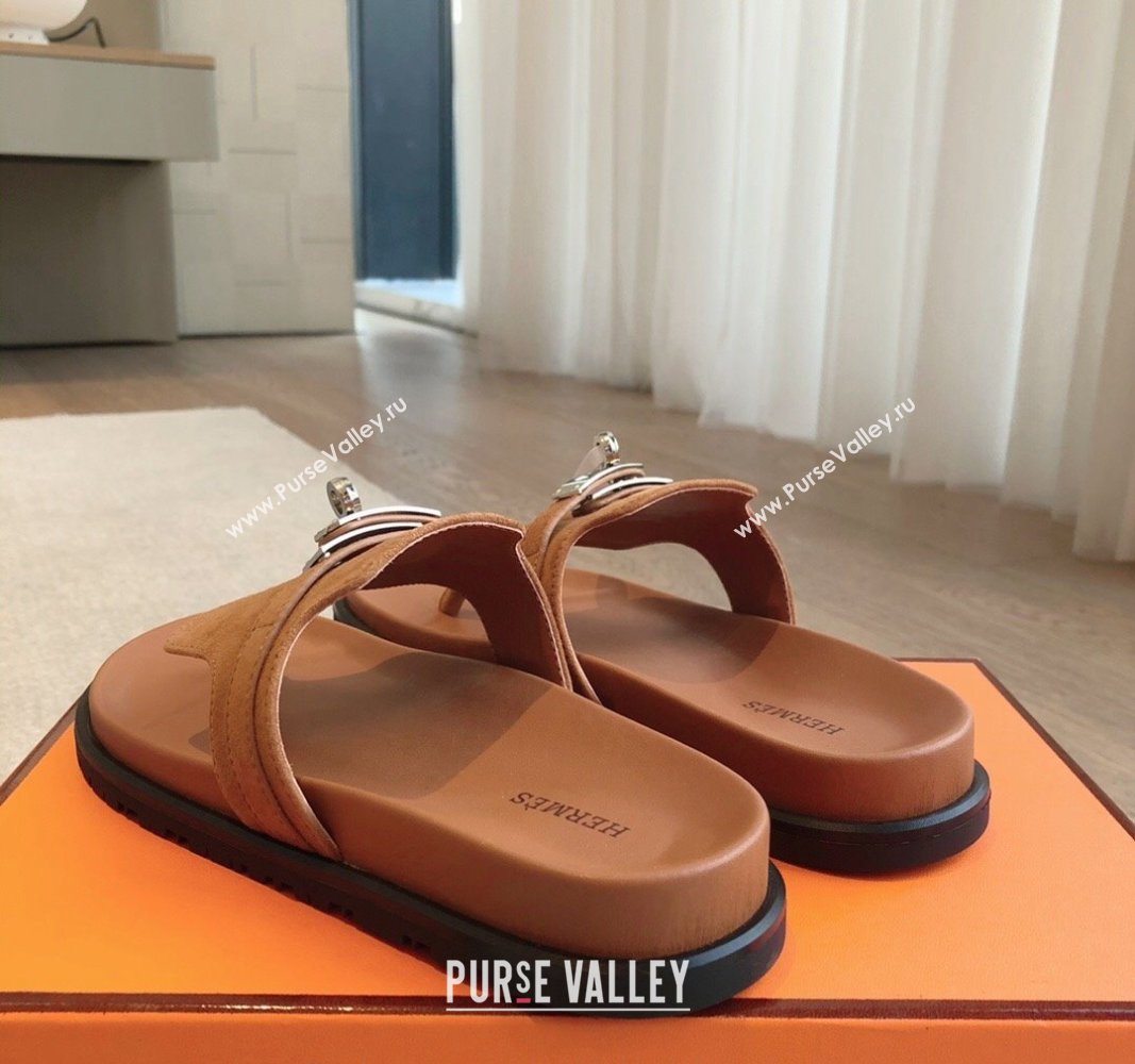 Hermes Empire Thong Slide Sandal in Suede with Kelly Buckle Brown 2024 (XC-240703025)