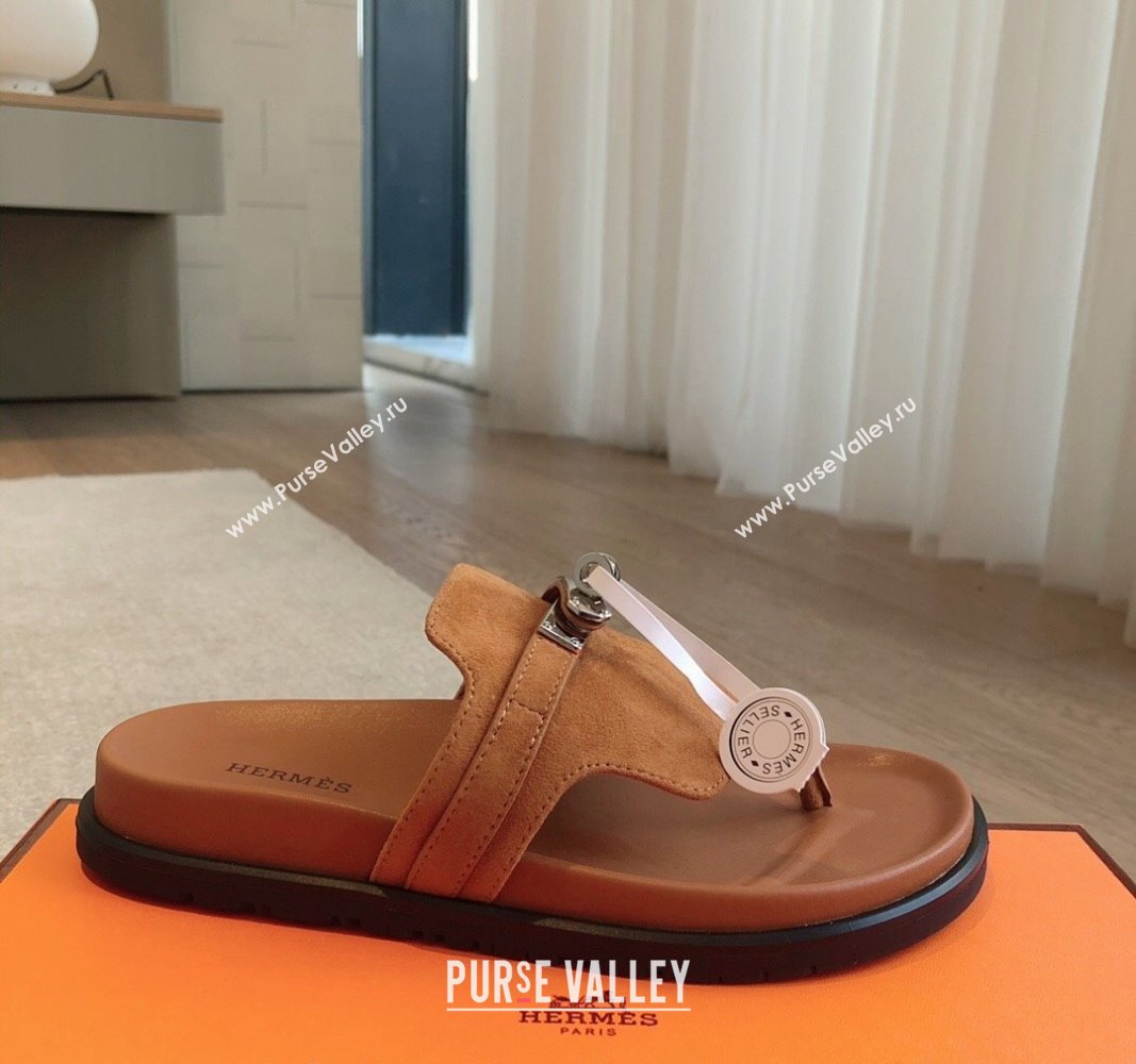 Hermes Empire Thong Slide Sandal in Suede with Kelly Buckle Brown 2024 (XC-240703025)