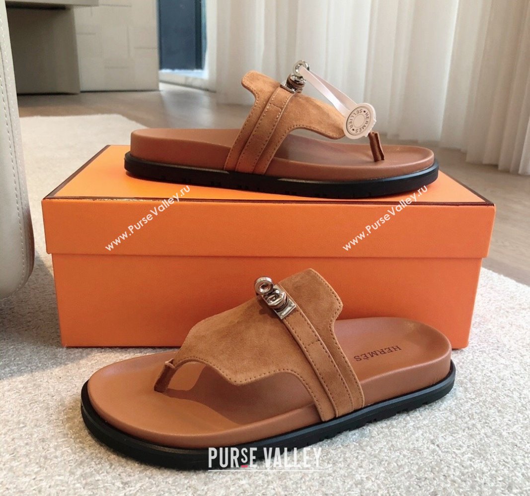 Hermes Empire Thong Slide Sandal in Suede with Kelly Buckle Brown 2024 (XC-240703025)