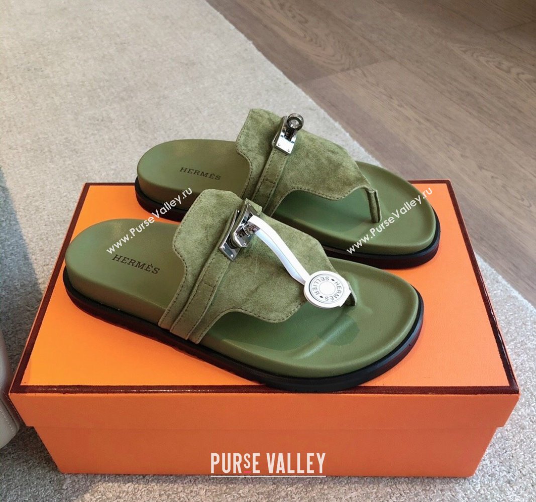 Hermes Empire Thong Slide Sandal in Suede with Kelly Buckle Green 2 2024 (XC-240703026)