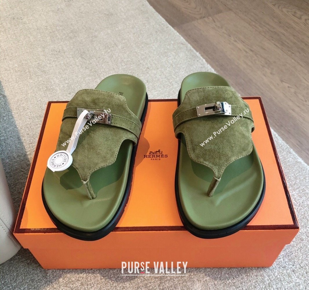 Hermes Empire Thong Slide Sandal in Suede with Kelly Buckle Green 2 2024 (XC-240703026)