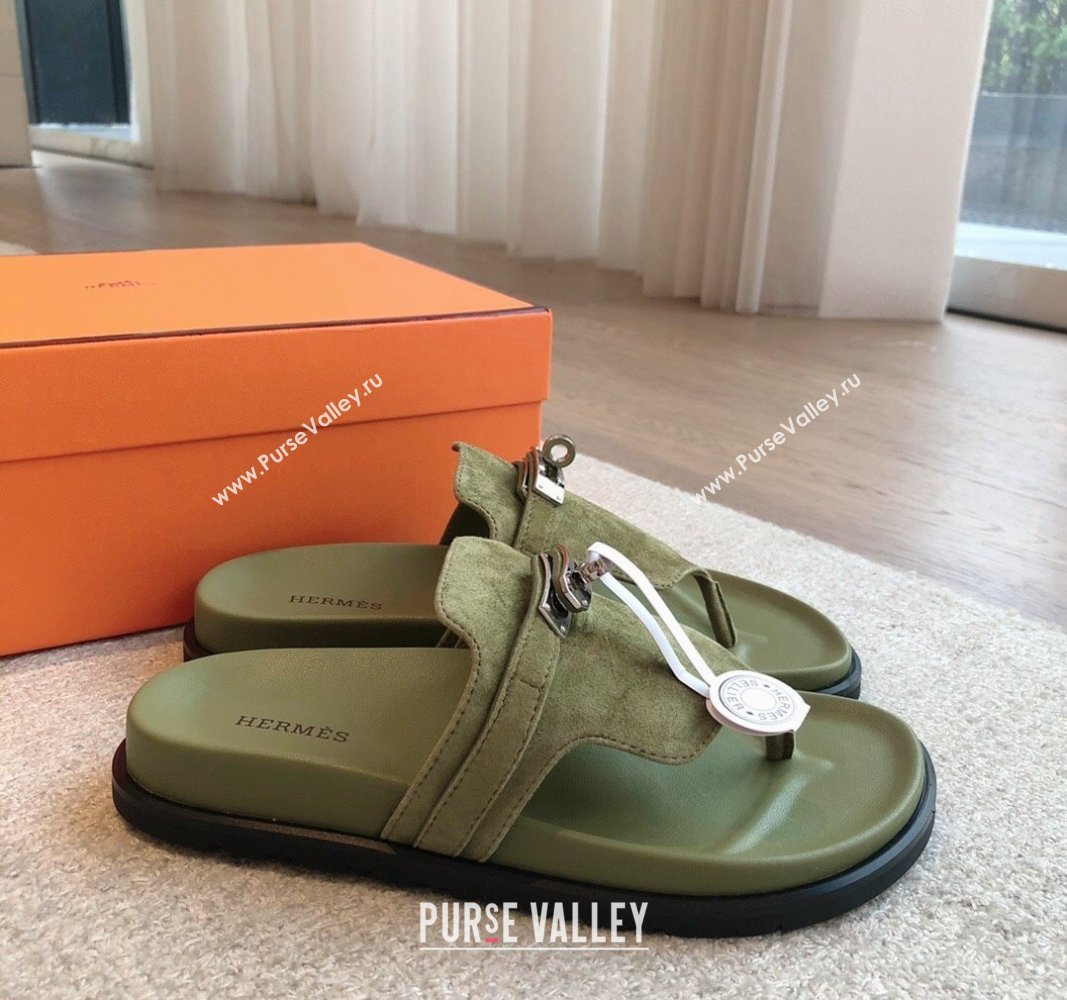 Hermes Empire Thong Slide Sandal in Suede with Kelly Buckle Green 2 2024 (XC-240703026)