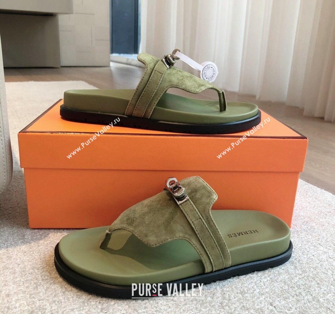 Hermes Empire Thong Slide Sandal in Suede with Kelly Buckle Green 2 2024 (XC-240703026)