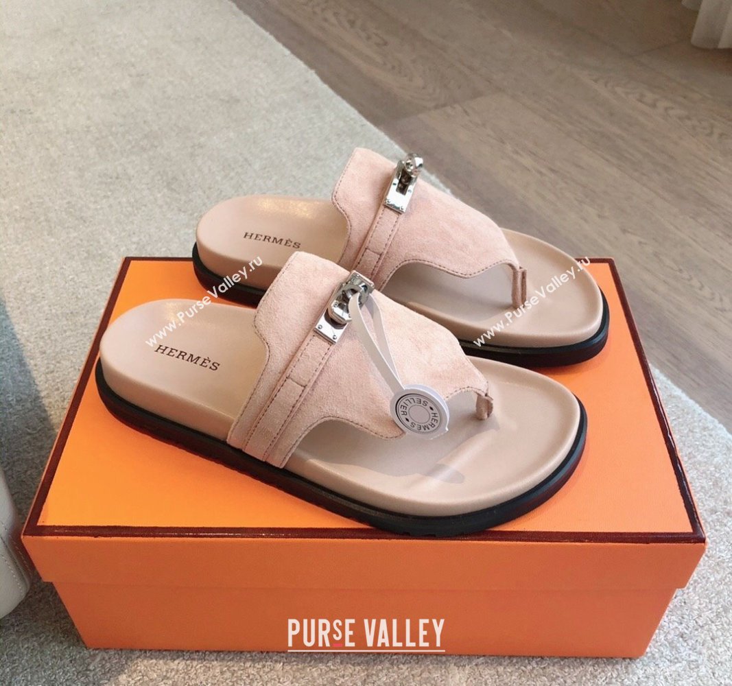 Hermes Empire Thong Slide Sandal in Suede with Kelly Buckle Nude Pink 2024 (XC-240703027)