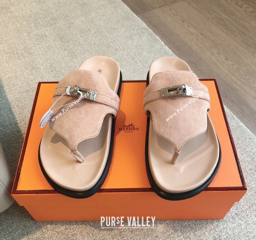 Hermes Empire Thong Slide Sandal in Suede with Kelly Buckle Nude Pink 2024 (XC-240703027)