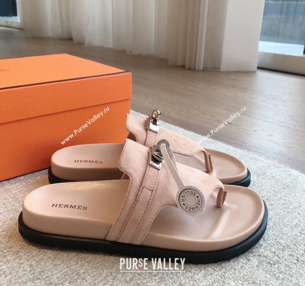 Hermes Empire Thong Slide Sandal in Suede with Kelly Buckle Nude Pink 2024 (XC-240703027)