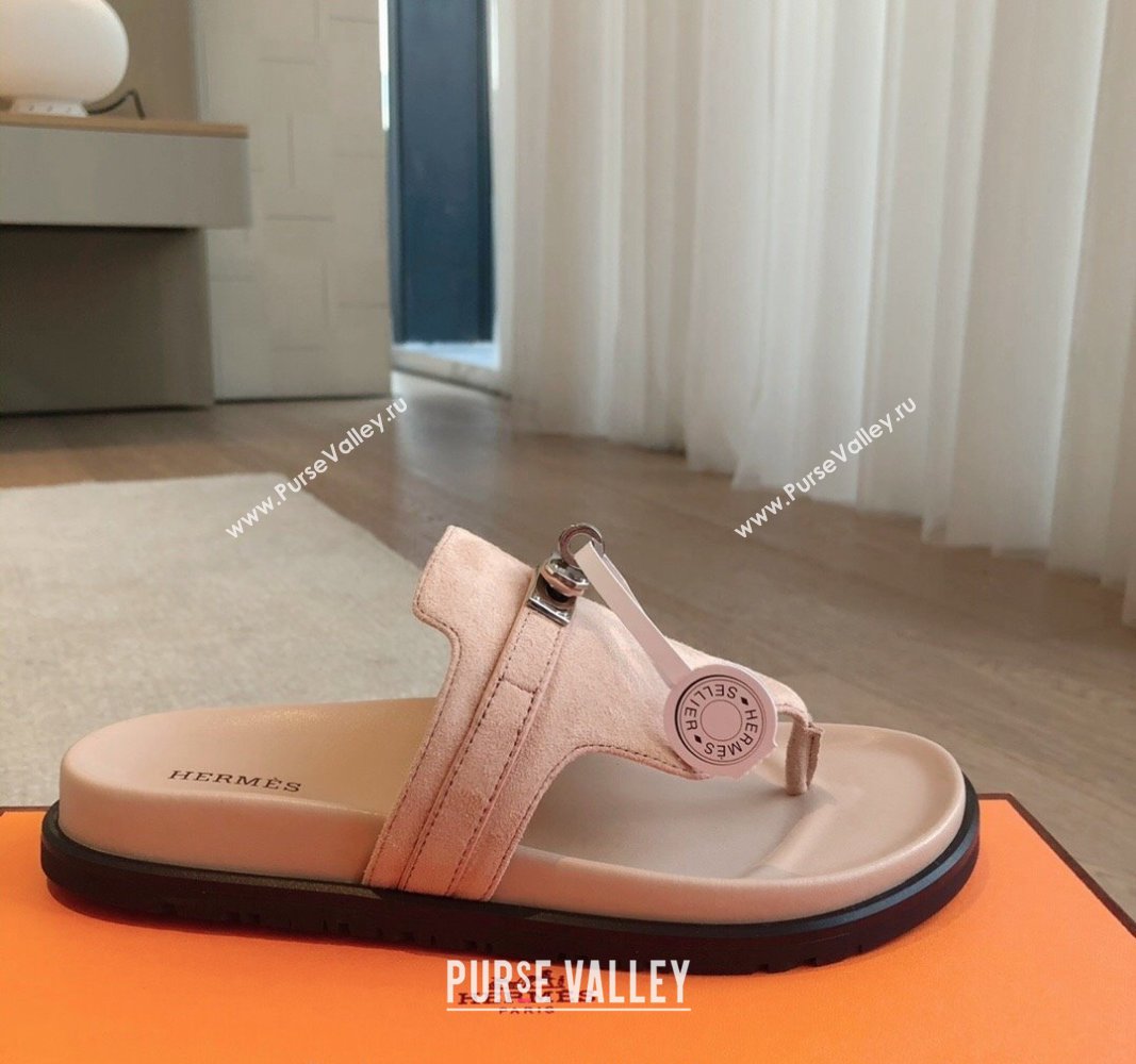 Hermes Empire Thong Slide Sandal in Suede with Kelly Buckle Nude Pink 2024 (XC-240703027)