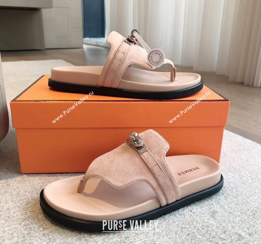 Hermes Empire Thong Slide Sandal in Suede with Kelly Buckle Nude Pink 2024 (XC-240703027)