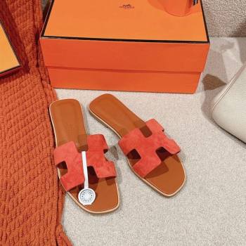 Hermes Classic Oran Flat Slide Sandals in Suede Orange 2024 0703 (MD-240703004)