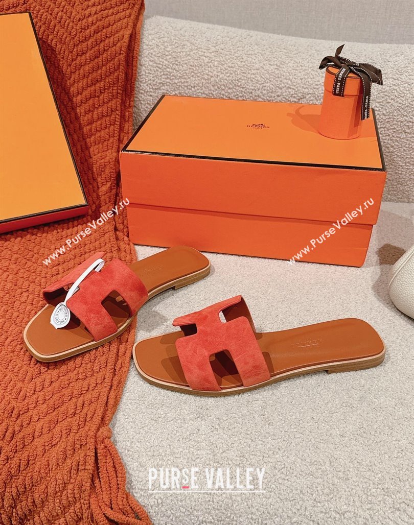 Hermes Classic Oran Flat Slide Sandals in Suede Orange 2024 0703 (MD-240703004)