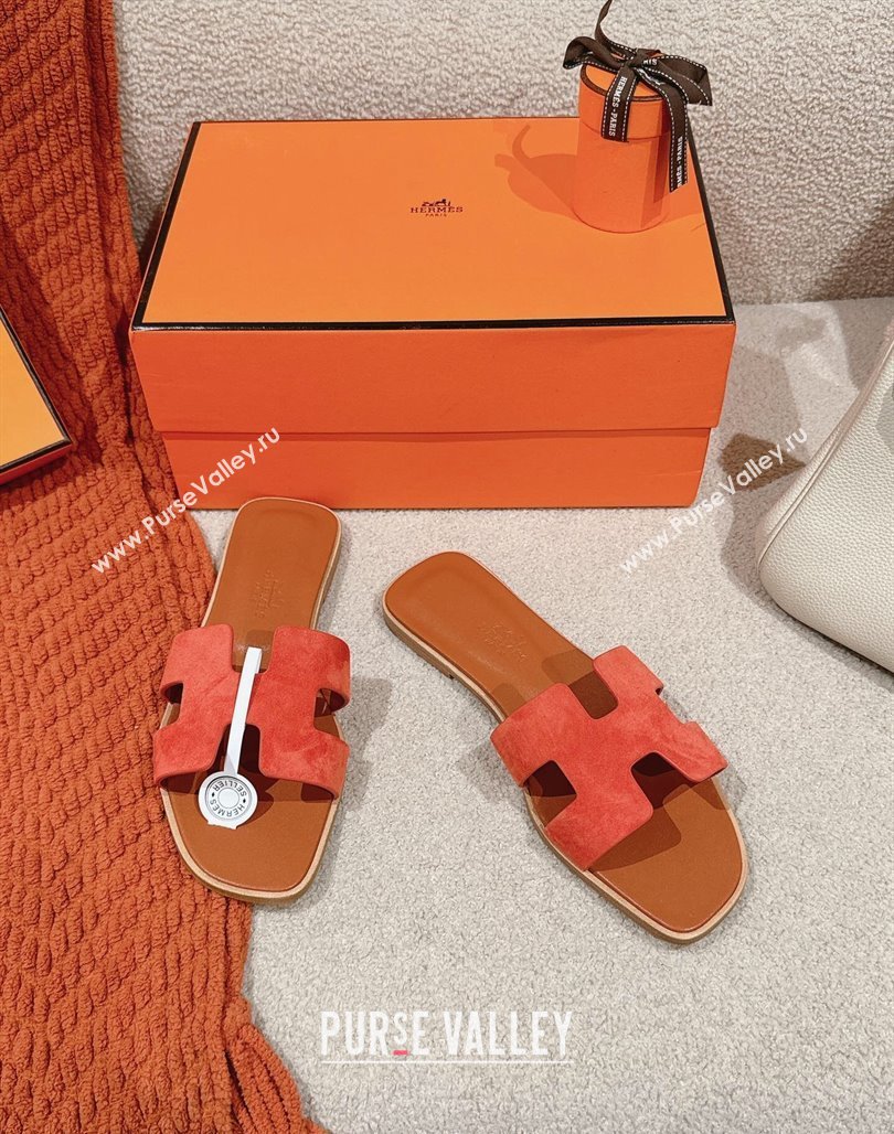 Hermes Classic Oran Flat Slide Sandals in Suede Orange 2024 0703 (MD-240703004)