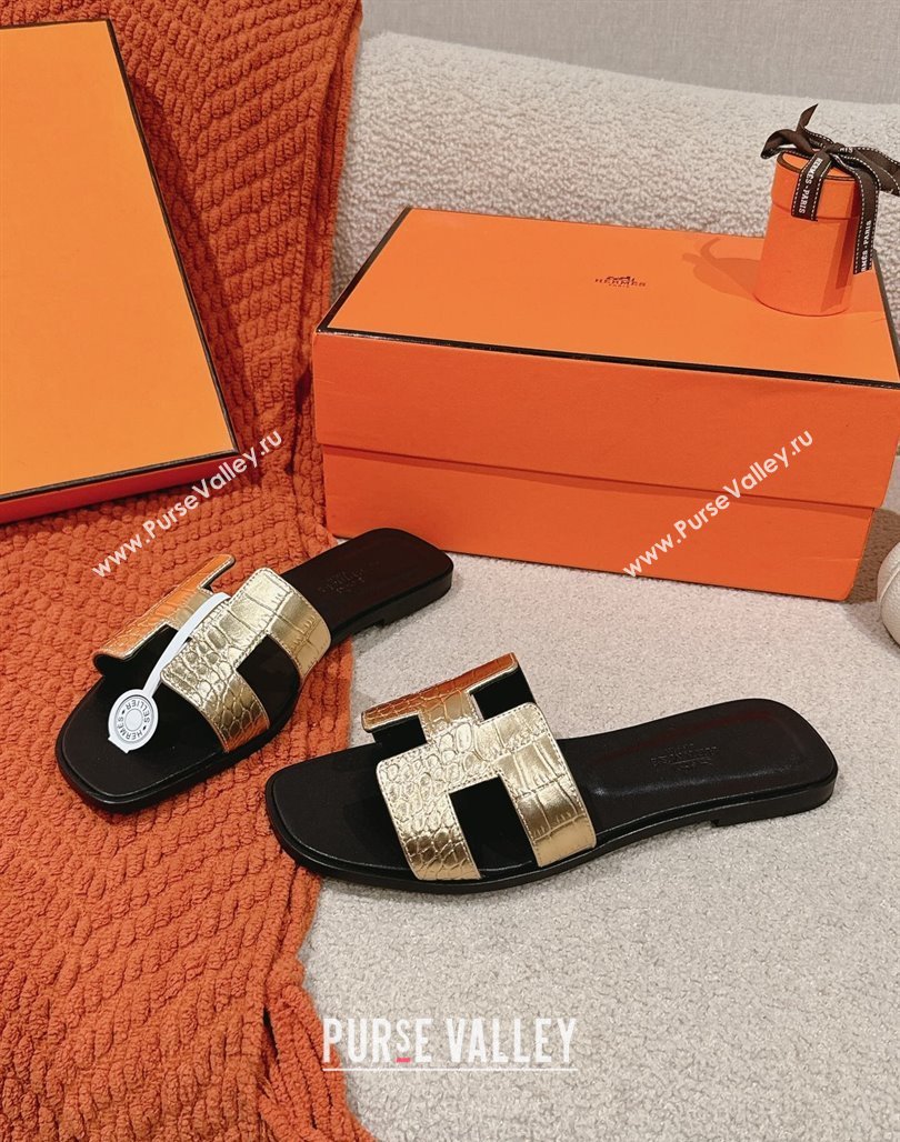 Hermes Classic Oran Flat Slide Sandals in Crocodile Embossed Leather Gold 2024 0703 (MD-240703001)