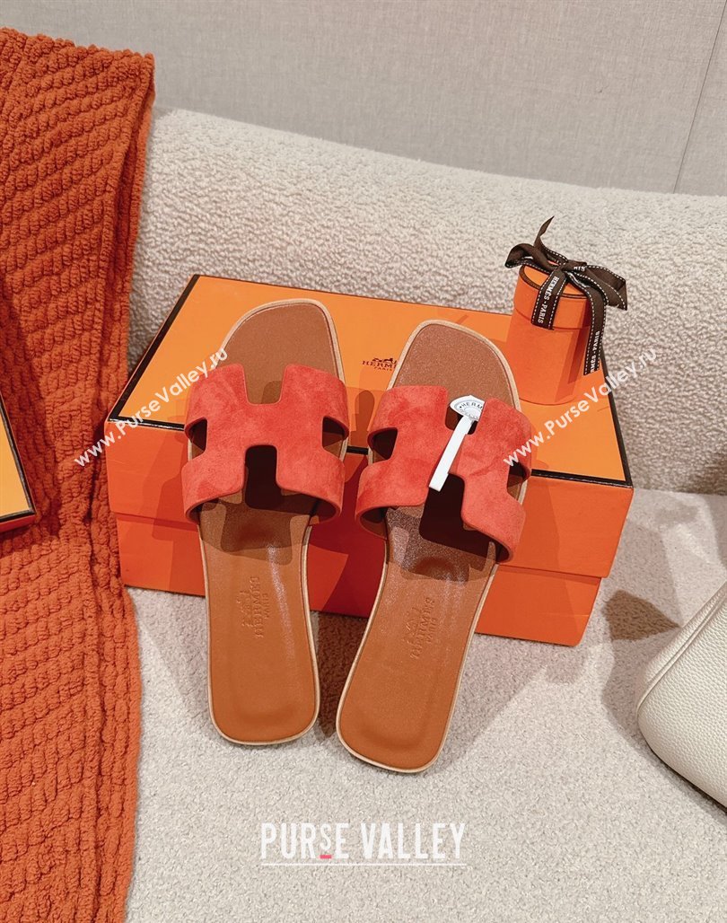 Hermes Classic Oran Flat Slide Sandals in Suede Orange 2024 0703 (MD-240703004)