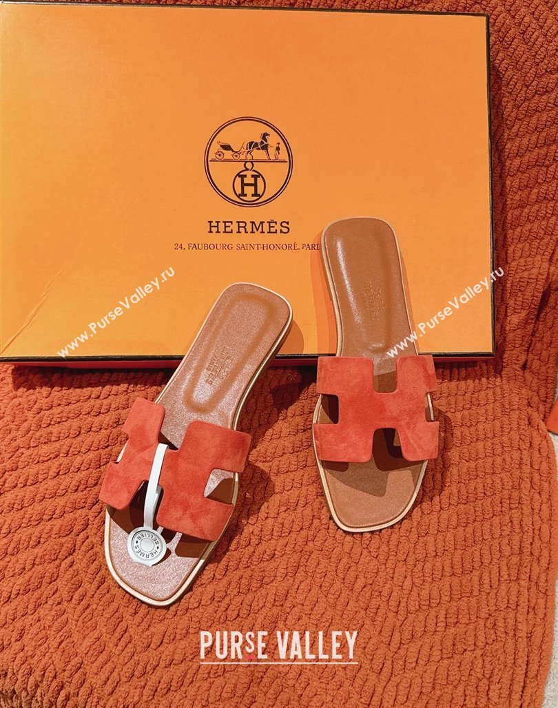 Hermes Classic Oran Flat Slide Sandals in Suede Orange 2024 0703 (MD-240703004)