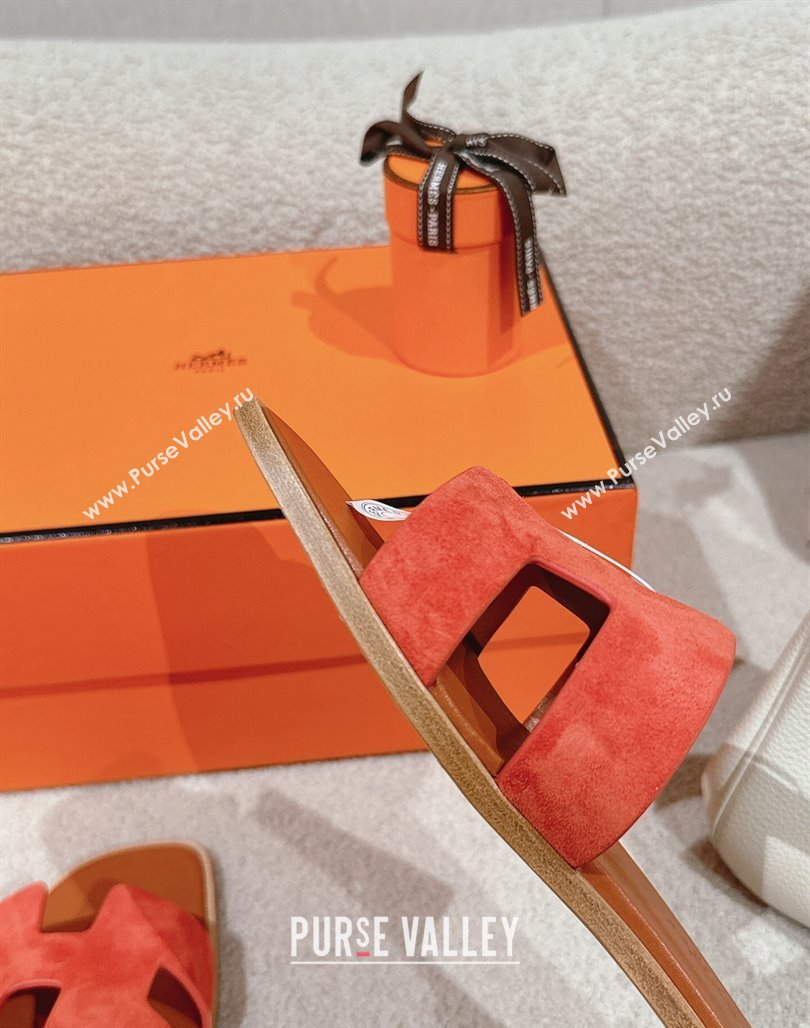 Hermes Classic Oran Flat Slide Sandals in Suede Orange 2024 0703 (MD-240703004)