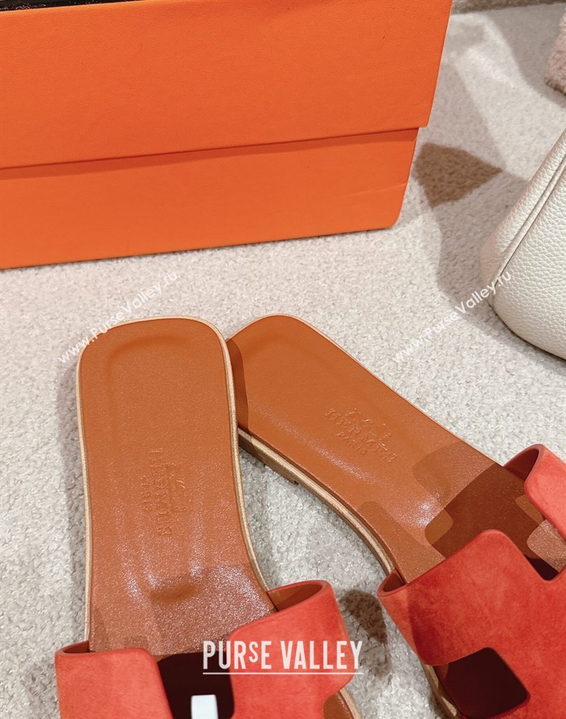 Hermes Classic Oran Flat Slide Sandals in Suede Orange 2024 0703 (MD-240703004)