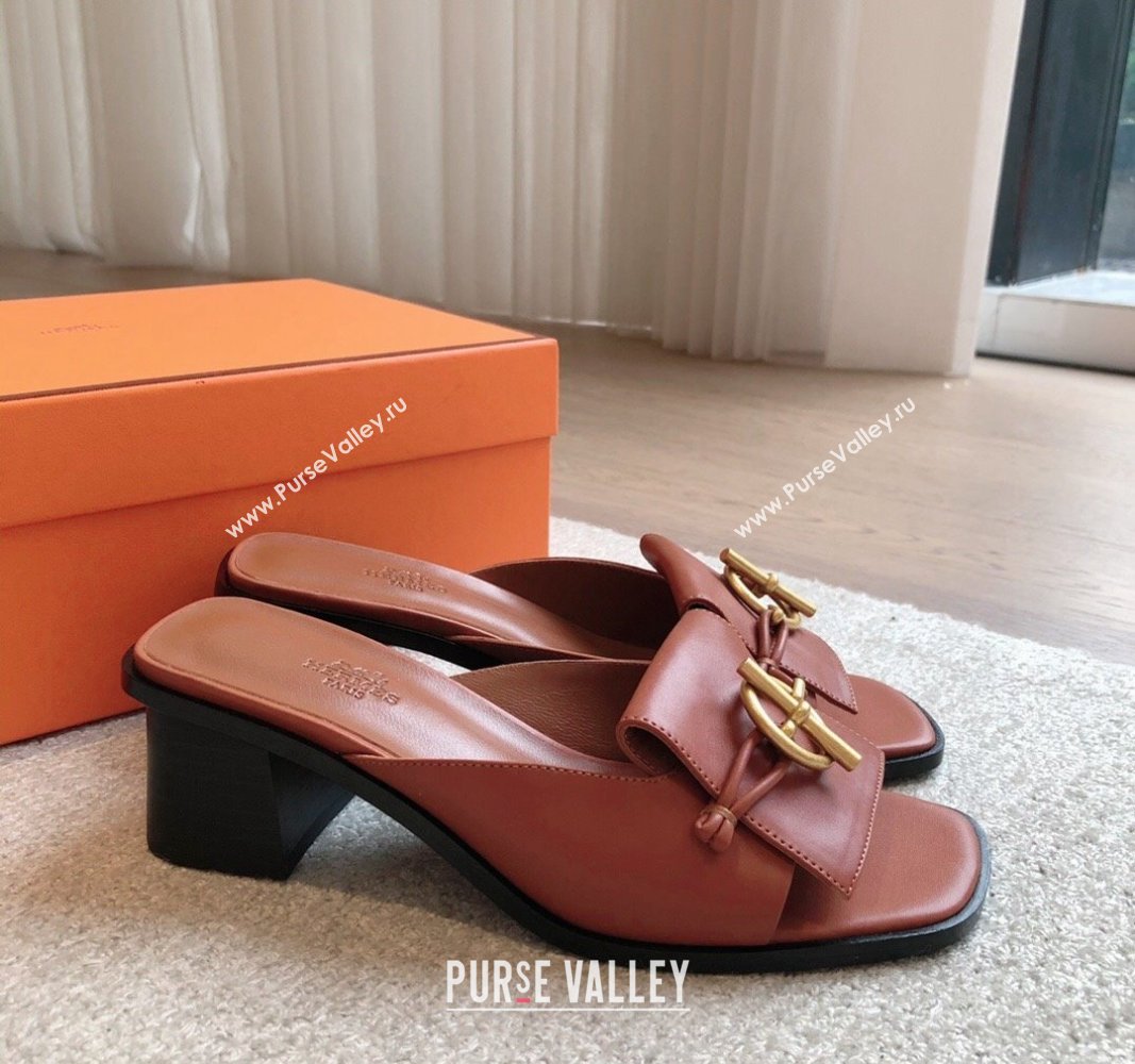 Hermes Ilot Heel Slides Sandal 5cm in Calfskin with Glenan Buckle Brown 2024 (XC-240703046)