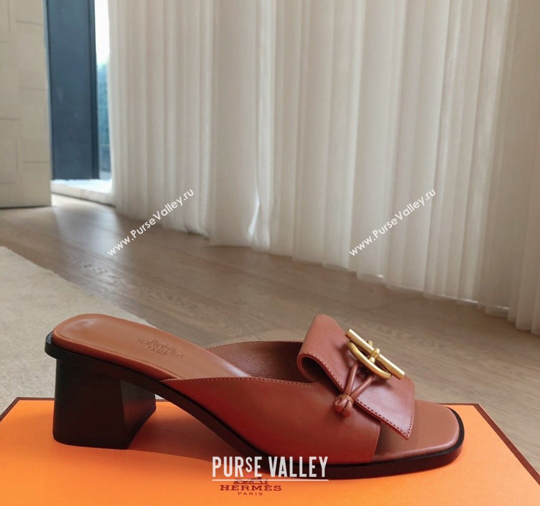 Hermes Ilot Heel Slides Sandal 5cm in Calfskin with Glenan Buckle Brown 2024 (XC-240703046)