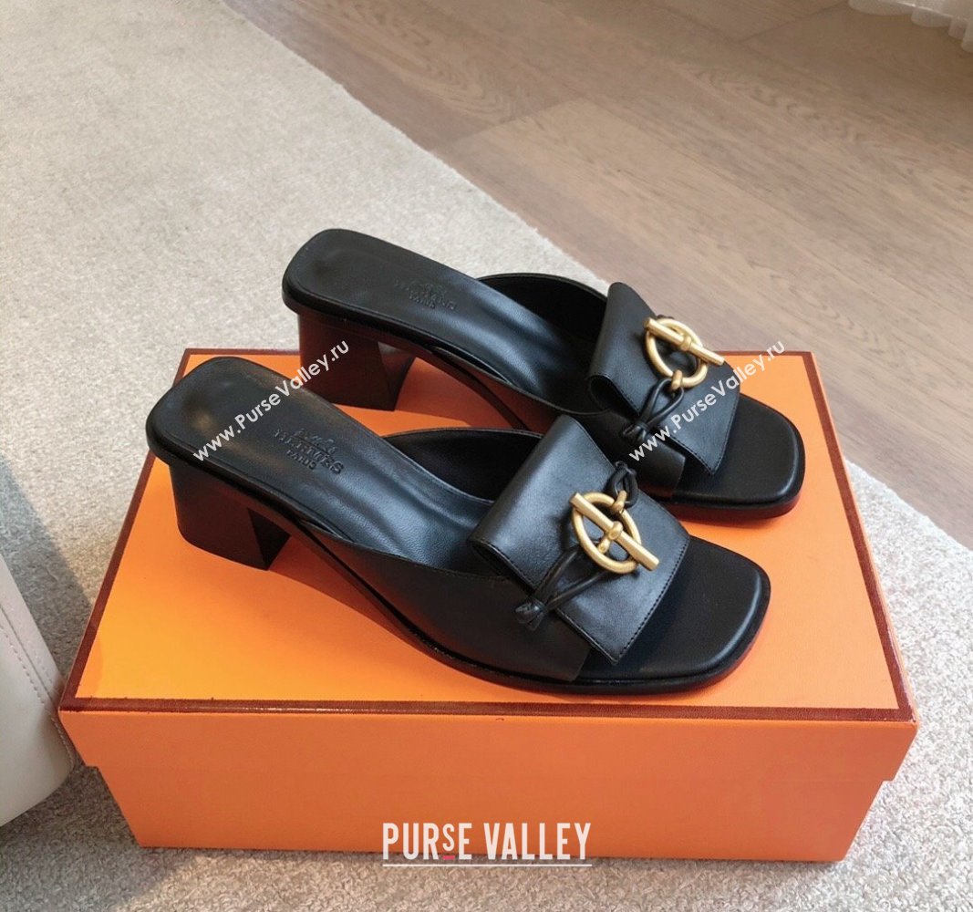 Hermes Ilot Heel Slides Sandal 5cm in Calfskin with Glenan Buckle Black 2024 (XC-240703047)