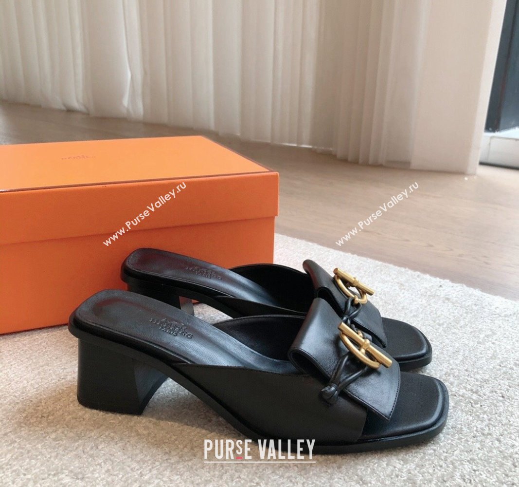 Hermes Ilot Heel Slides Sandal 5cm in Calfskin with Glenan Buckle Black 2024 (XC-240703047)