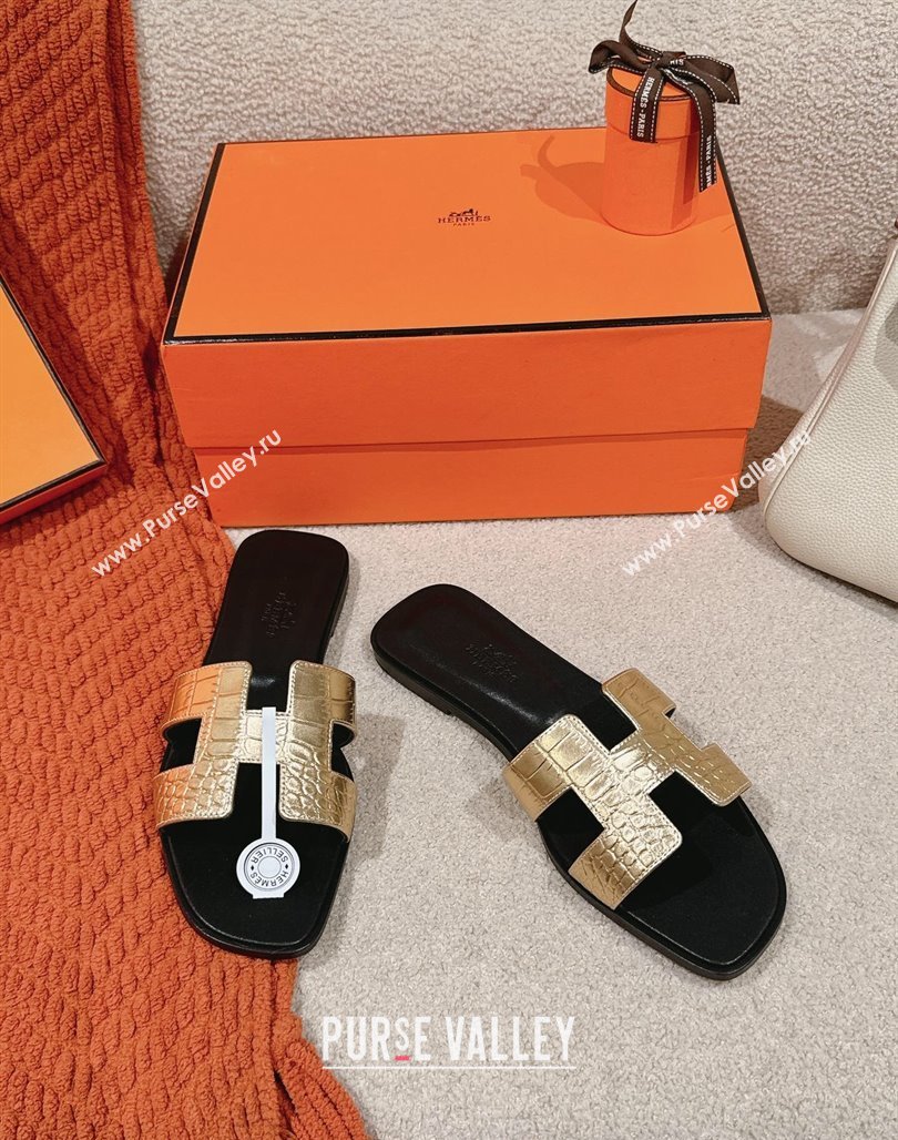 Hermes Classic Oran Flat Slide Sandals in Crocodile Embossed Leather Gold 2024 0703 (MD-240703001)