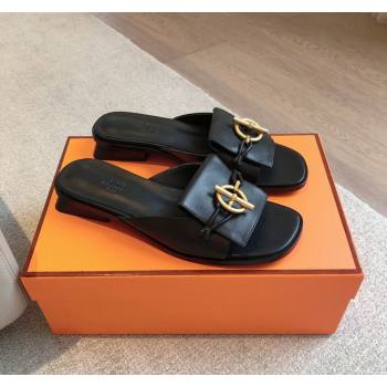 Hermes Isle Flat Slides Sandal in Calfskin with Glenan Buckle Black 2024 (XC-240703043)