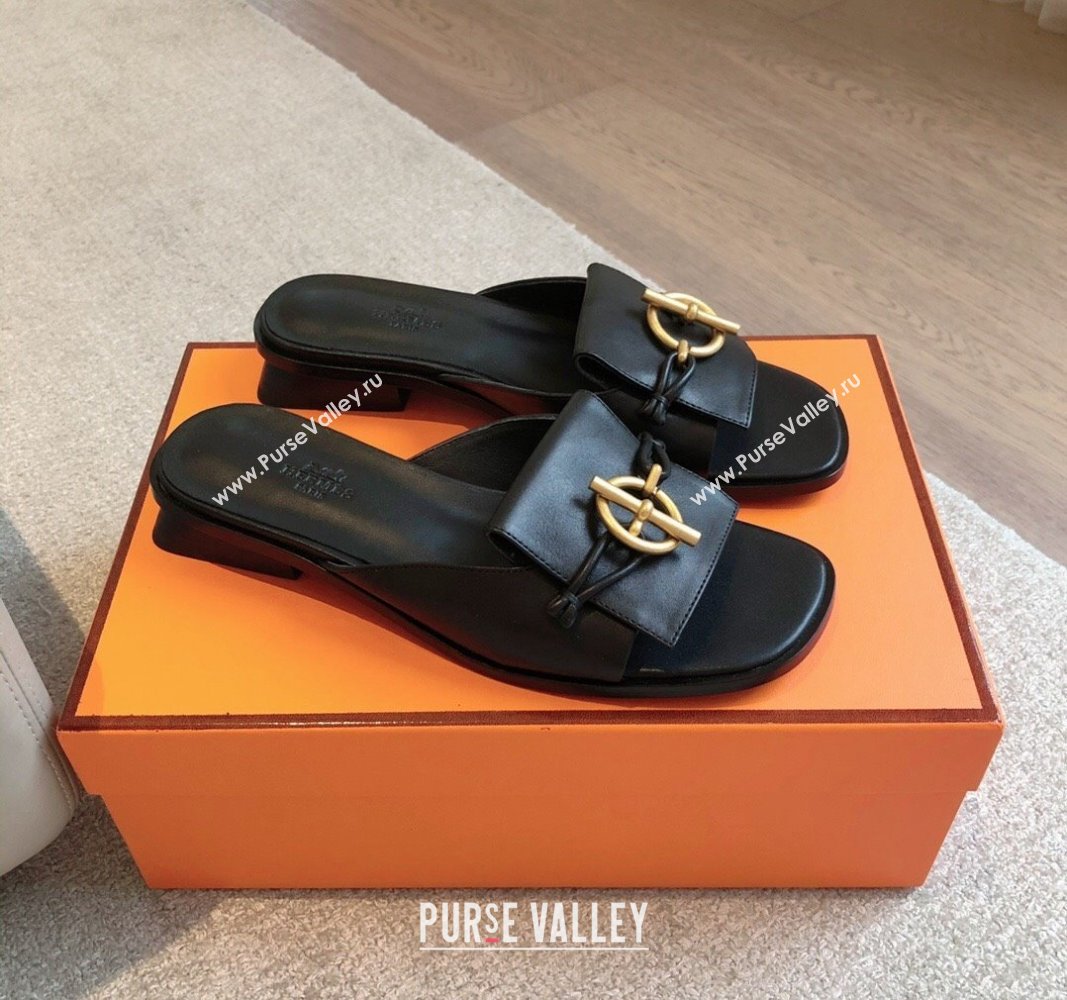 Hermes Isle Flat Slides Sandal in Calfskin with Glenan Buckle Black 2024 (XC-240703043)