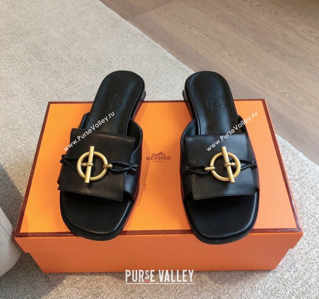 Hermes Isle Flat Slides Sandal in Calfskin with Glenan Buckle Black 2024 (XC-240703043)