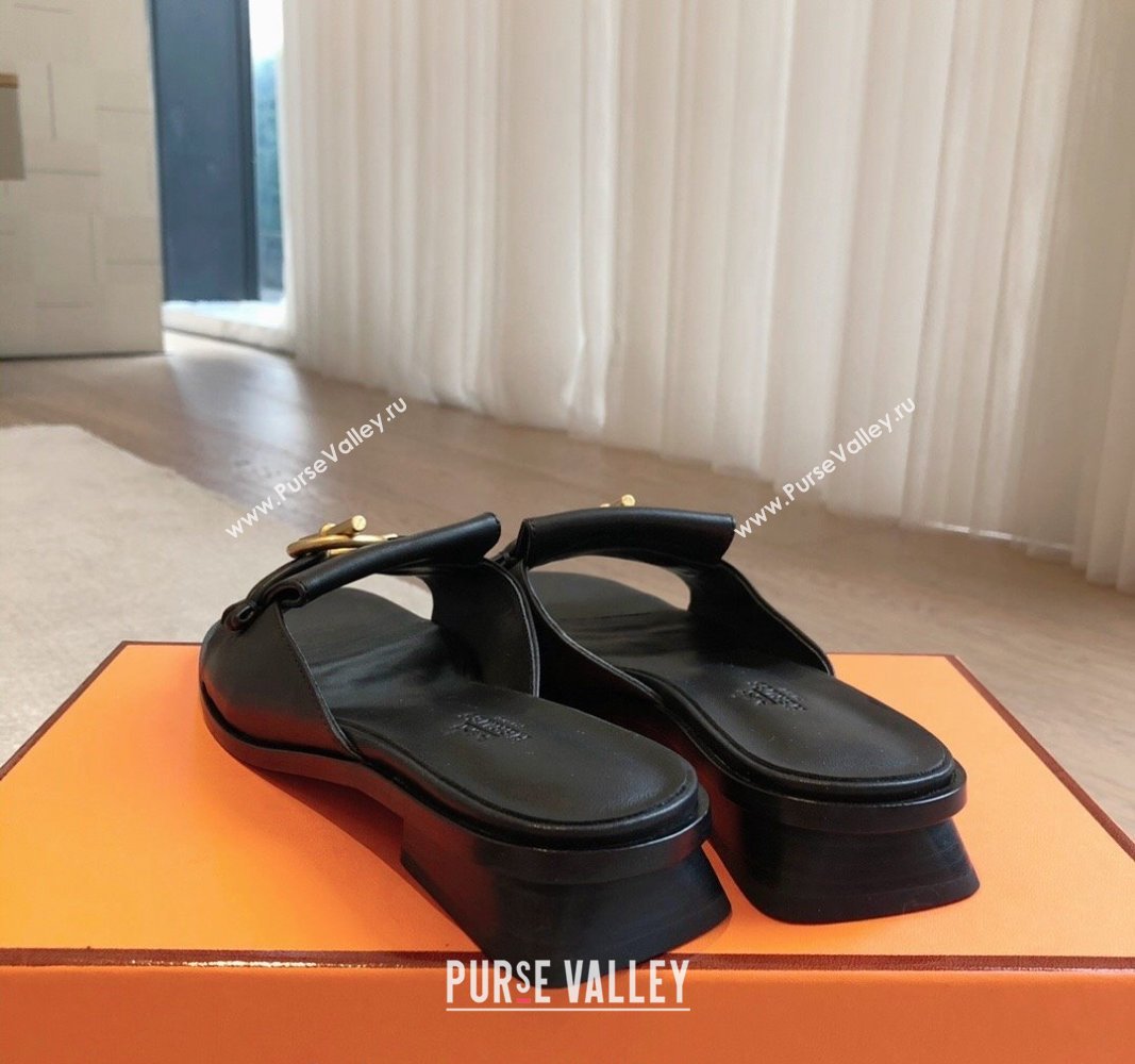 Hermes Isle Flat Slides Sandal in Calfskin with Glenan Buckle Black 2024 (XC-240703043)
