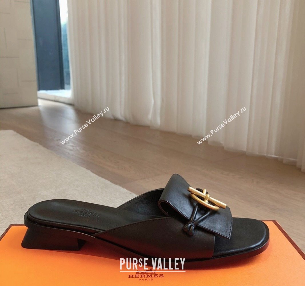 Hermes Isle Flat Slides Sandal in Calfskin with Glenan Buckle Black 2024 (XC-240703043)