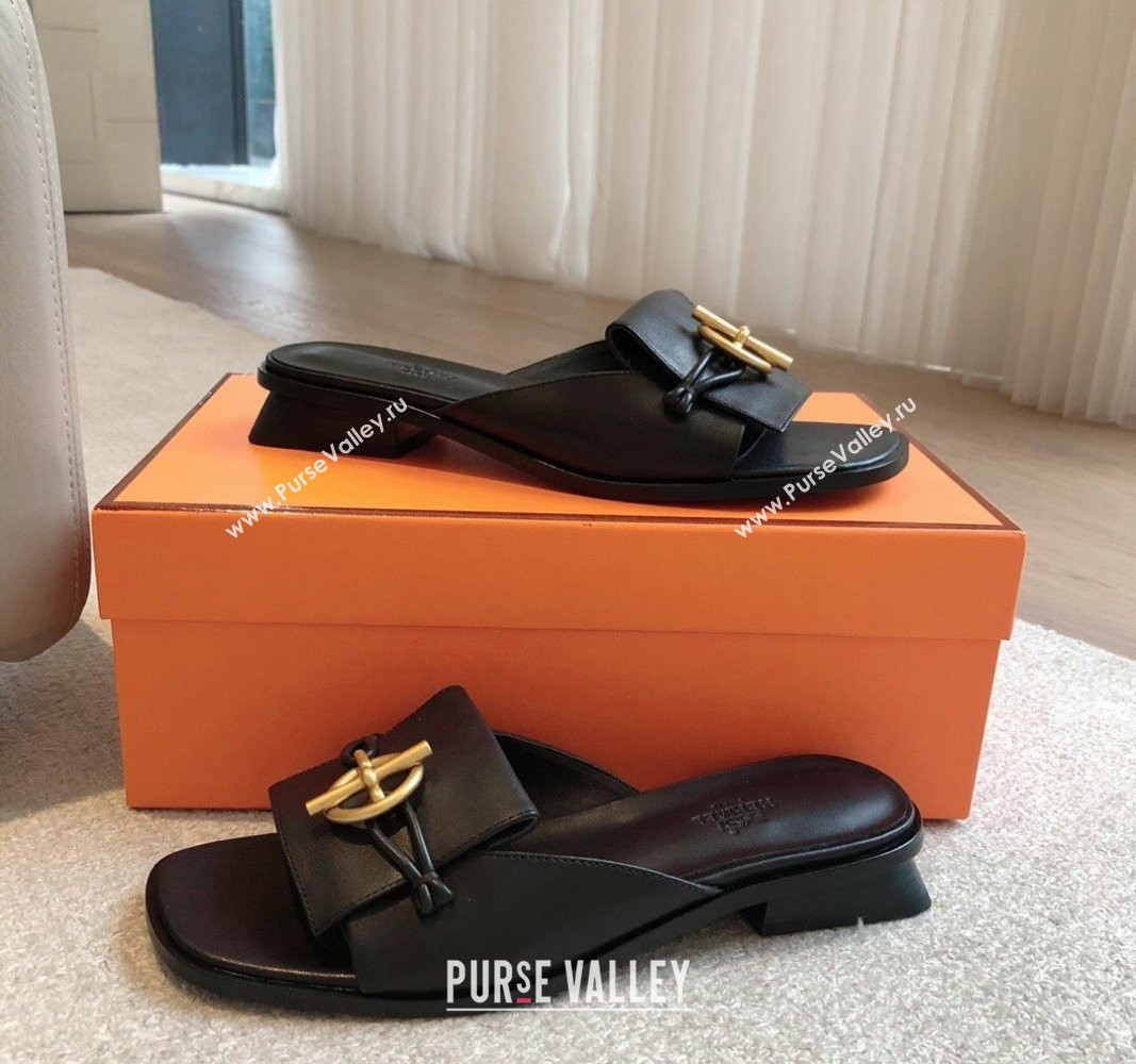 Hermes Isle Flat Slides Sandal in Calfskin with Glenan Buckle Black 2024 (XC-240703043)