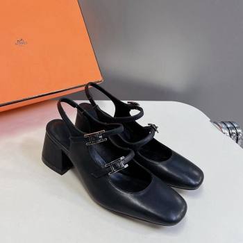 Hermes Jackie Slingback Pumps 5cm in Calfskin with H Buckle Black 2024 (MD-240703048)