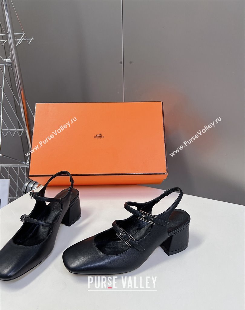 Hermes Jackie Slingback Pumps 5cm in Calfskin with H Buckle Black 2024 (MD-240703048)