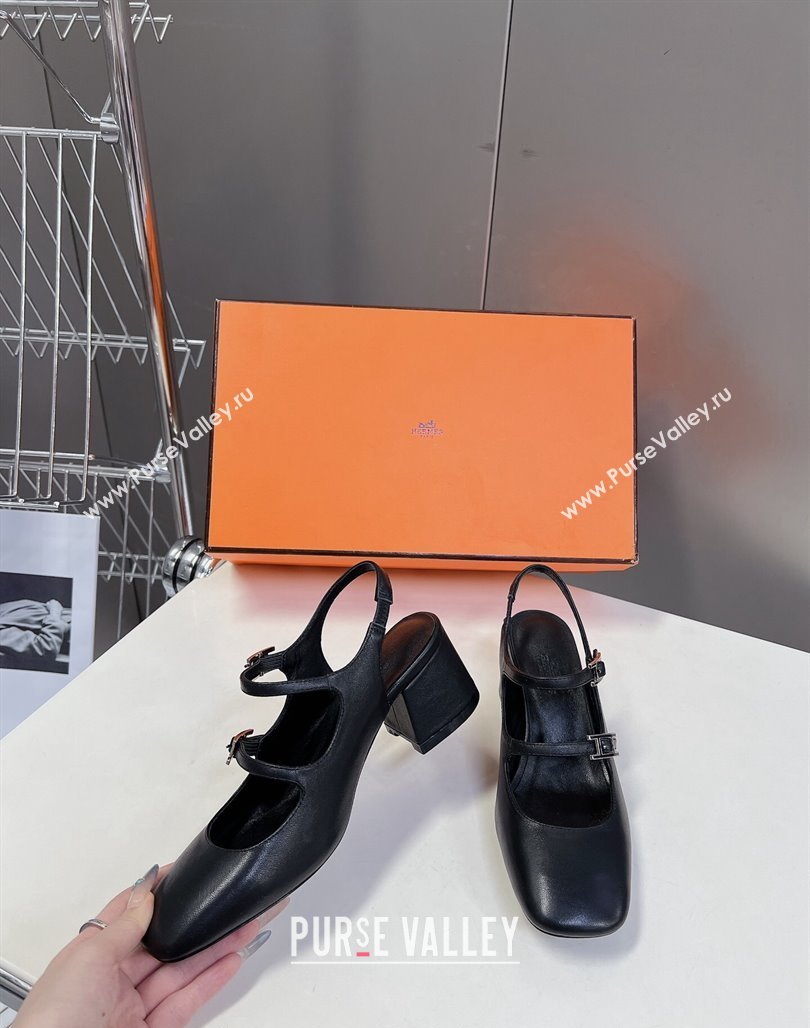 Hermes Jackie Slingback Pumps 5cm in Calfskin with H Buckle Black 2024 (MD-240703048)