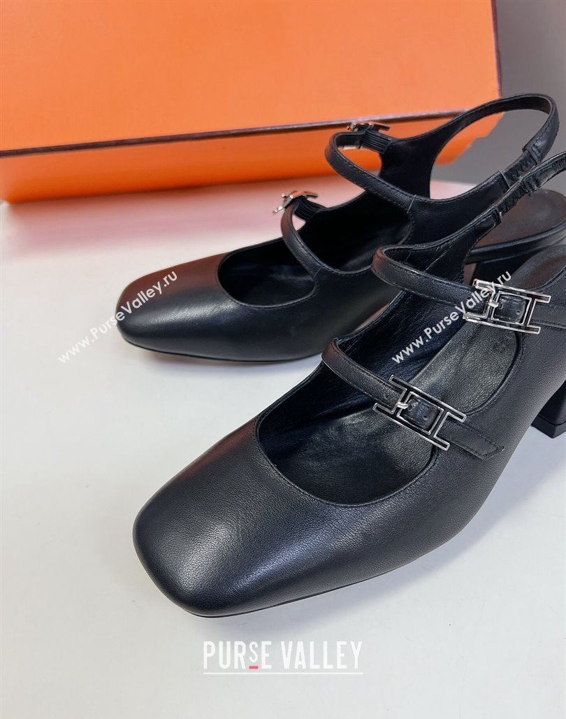 Hermes Jackie Slingback Pumps 5cm in Calfskin with H Buckle Black 2024 (MD-240703048)