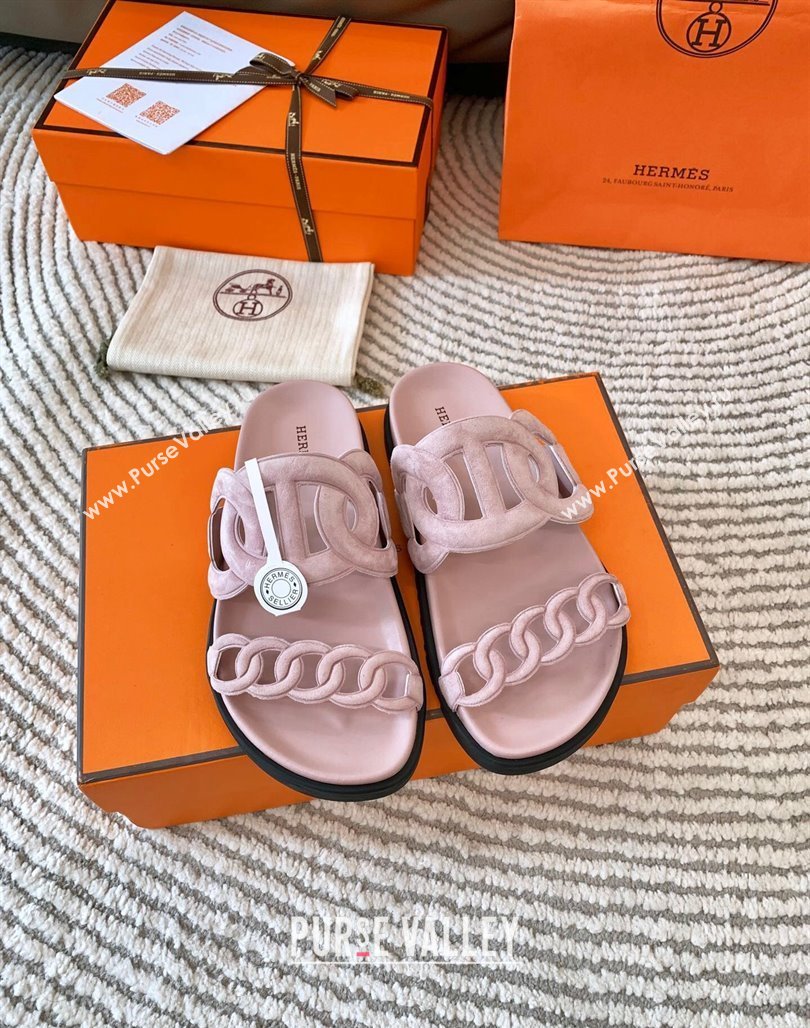 Hermes Extra Suede Chain Flat Slide Sandals Light Pink 2024 0703 (MD-240703035)