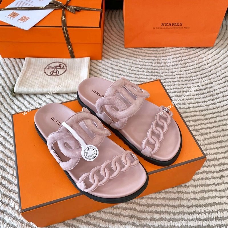 Hermes Extra Suede Chain Flat Slide Sandals Light Pink 2024 0703 (MD-240703035)