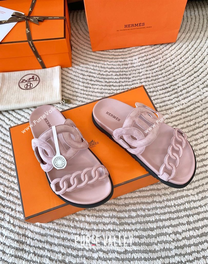 Hermes Extra Suede Chain Flat Slide Sandals Light Pink 2024 0703 (MD-240703035)