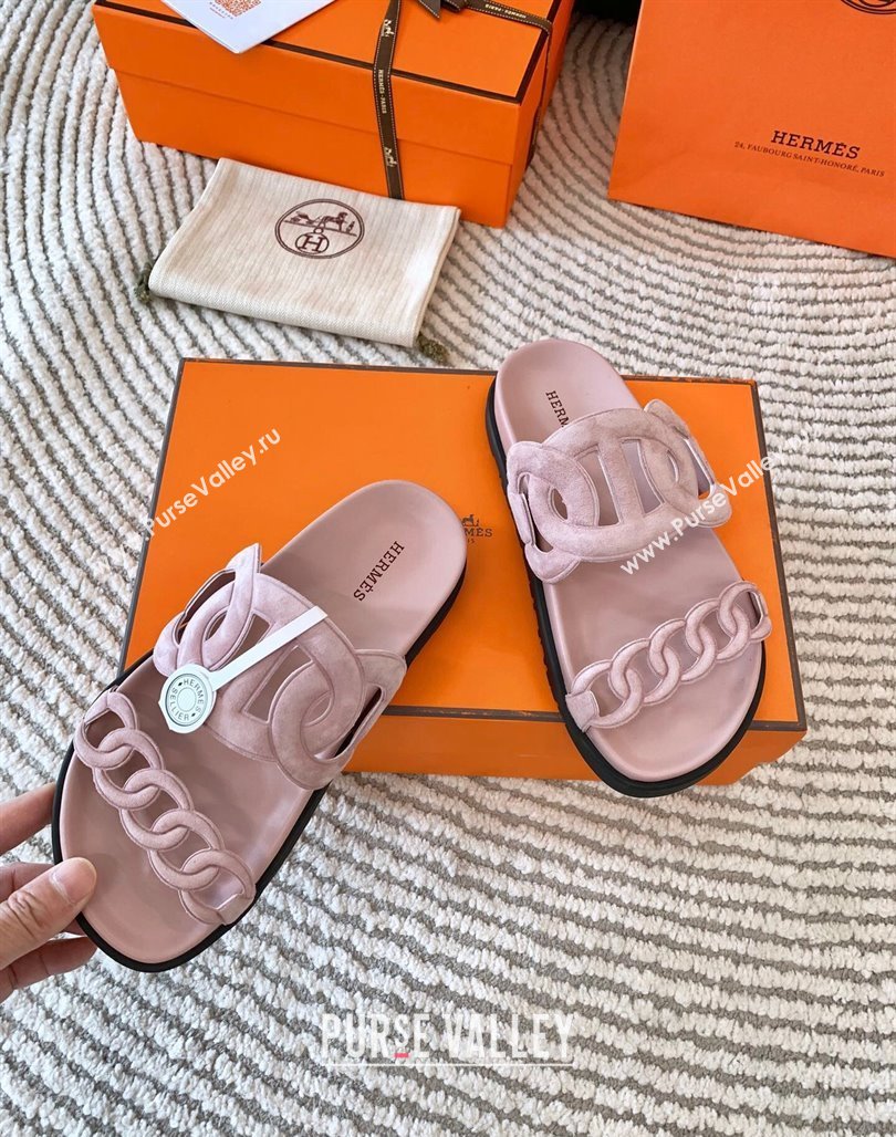 Hermes Extra Suede Chain Flat Slide Sandals Light Pink 2024 0703 (MD-240703035)