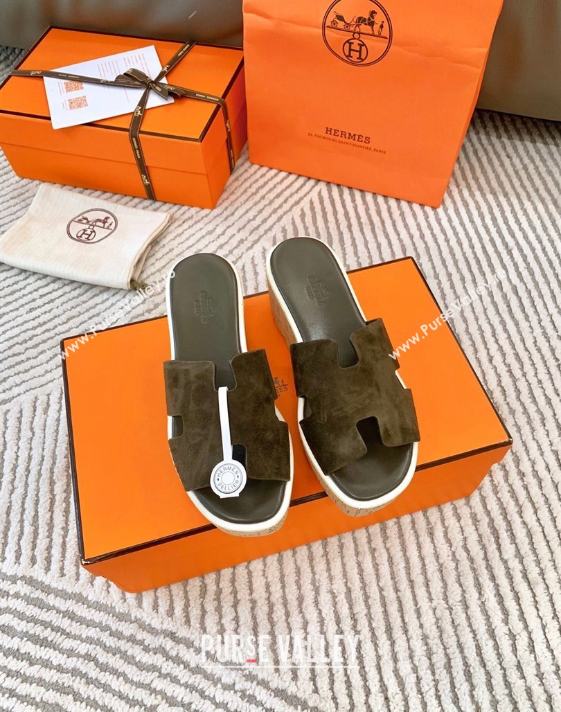 Hermes Eze 30 Platform Slides Sandal in Suede Khaki Green 2024 (MD-240703052)