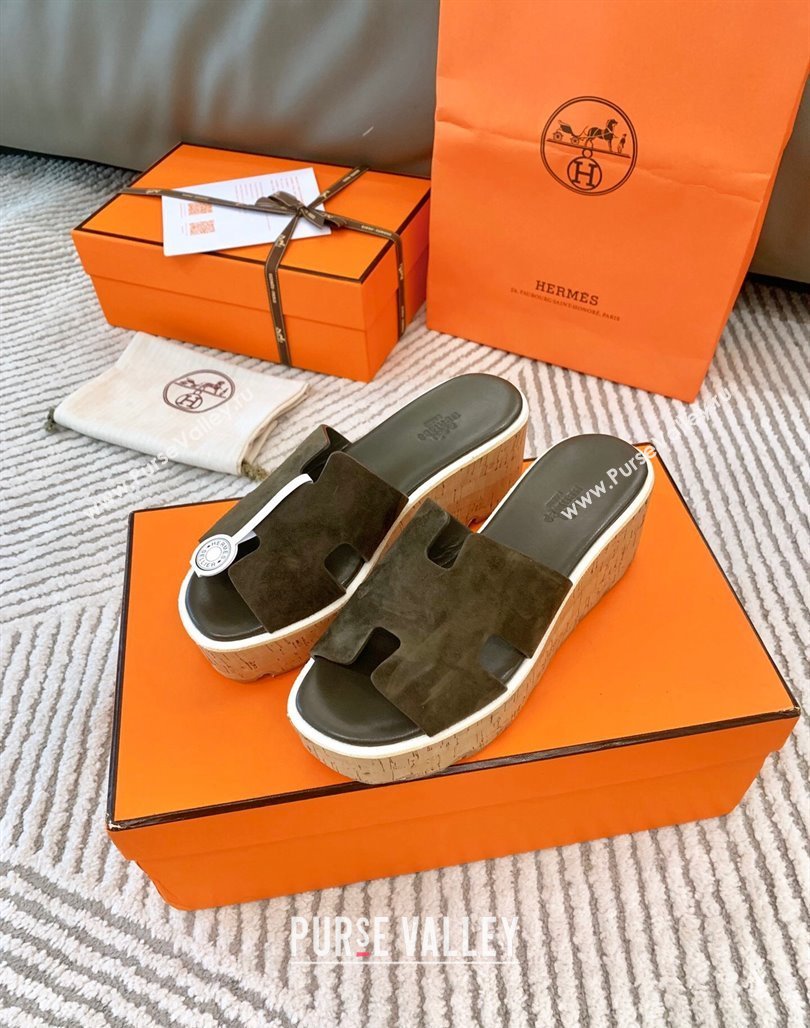 Hermes Eze 30 Platform Slides Sandal in Suede Khaki Green 2024 (MD-240703052)