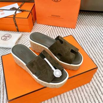 Hermes Eze 30 Platform Slides Sandal in Suede Khaki Green 2024 (MD-240703052)