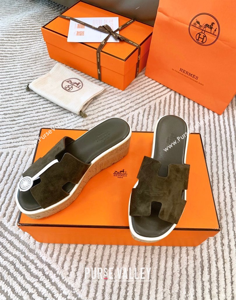 Hermes Eze 30 Platform Slides Sandal in Suede Khaki Green 2024 (MD-240703052)