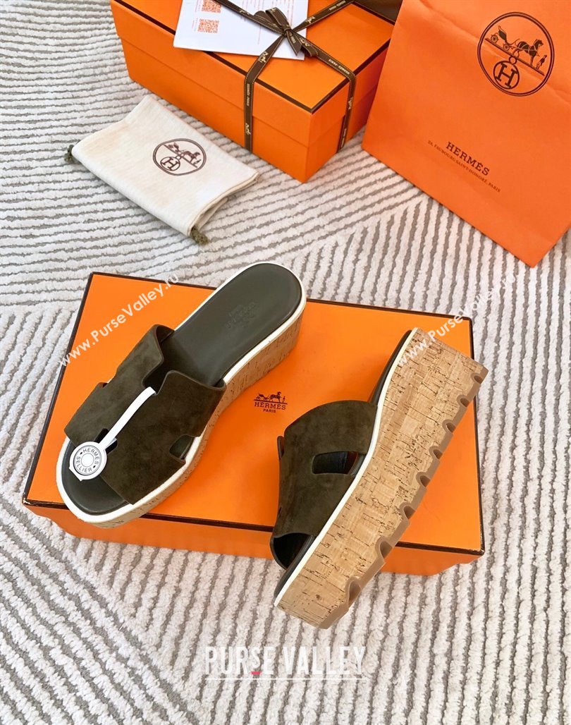 Hermes Eze 30 Platform Slides Sandal in Suede Khaki Green 2024 (MD-240703052)