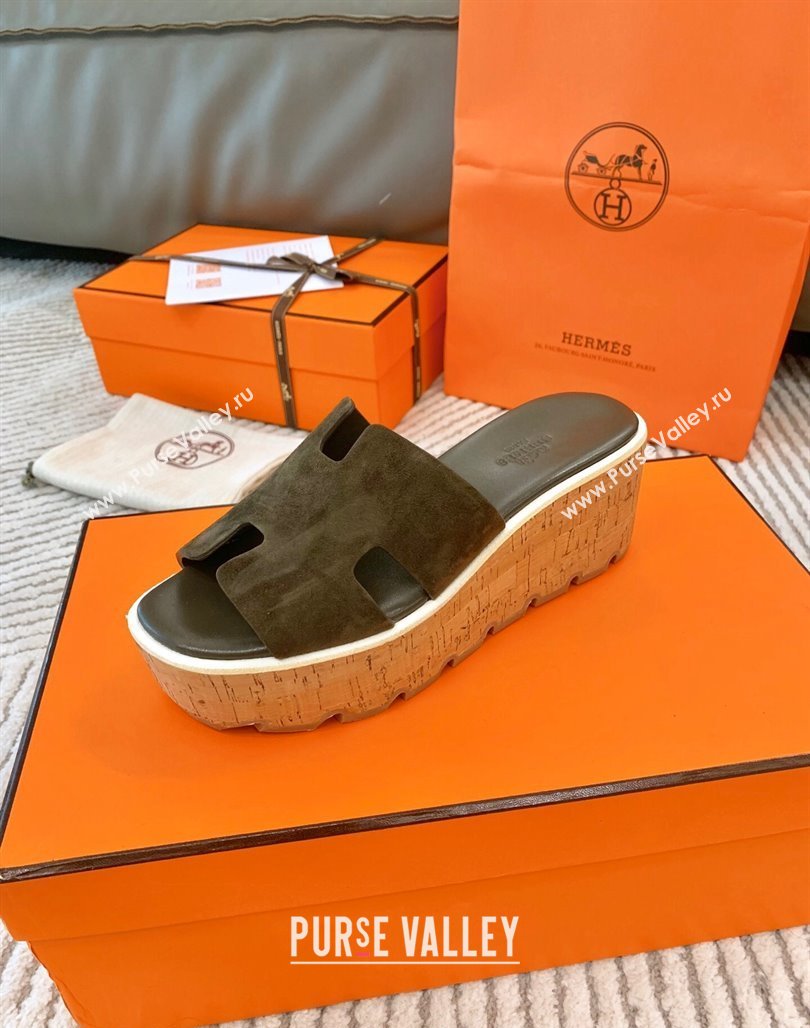 Hermes Eze 30 Platform Slides Sandal in Suede Khaki Green 2024 (MD-240703052)