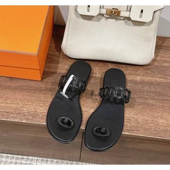 Hermes Ios Chain Flat Slides Sandal in Calfskin Black 2024 (MD-240703058)