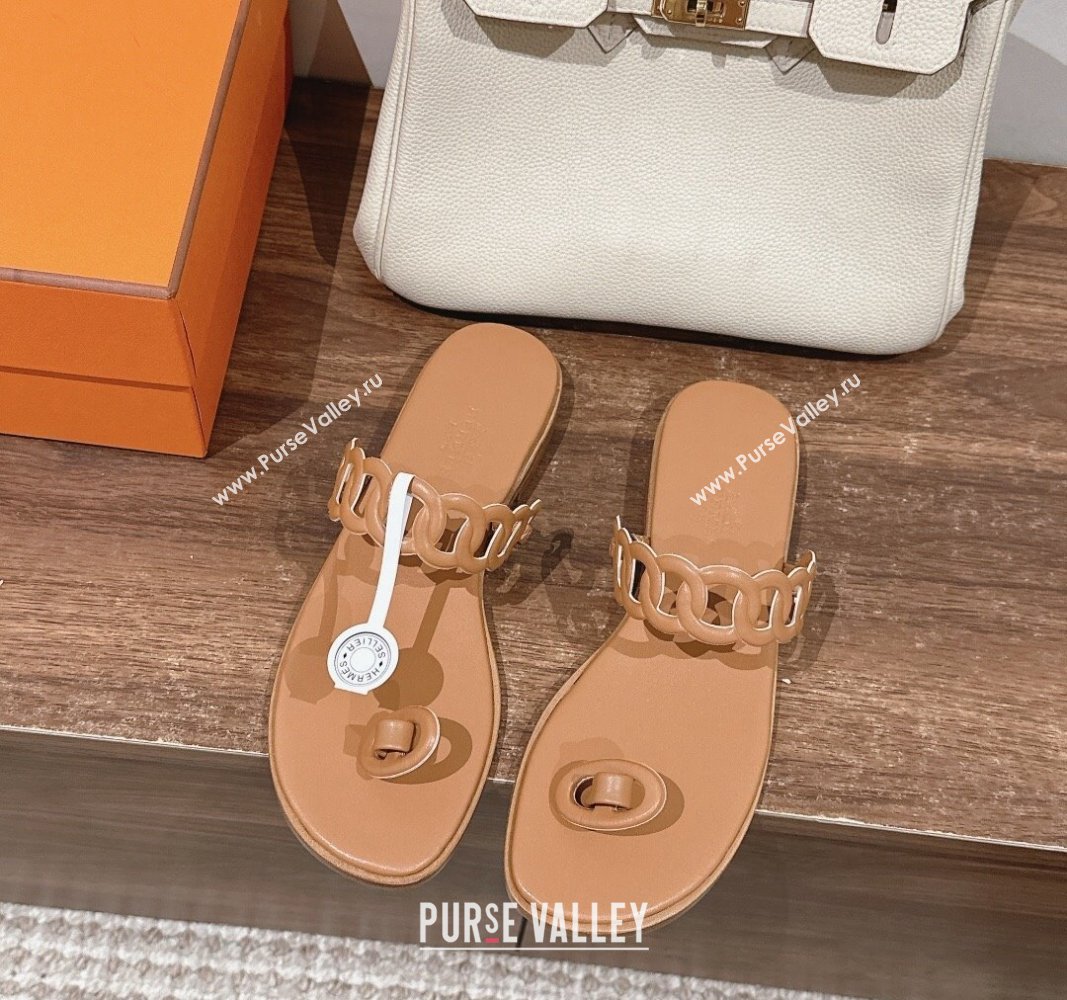 Hermes Ios Chain Flat Slides Sandal in Calfskin Light Brown 2024 (MD-240703059)