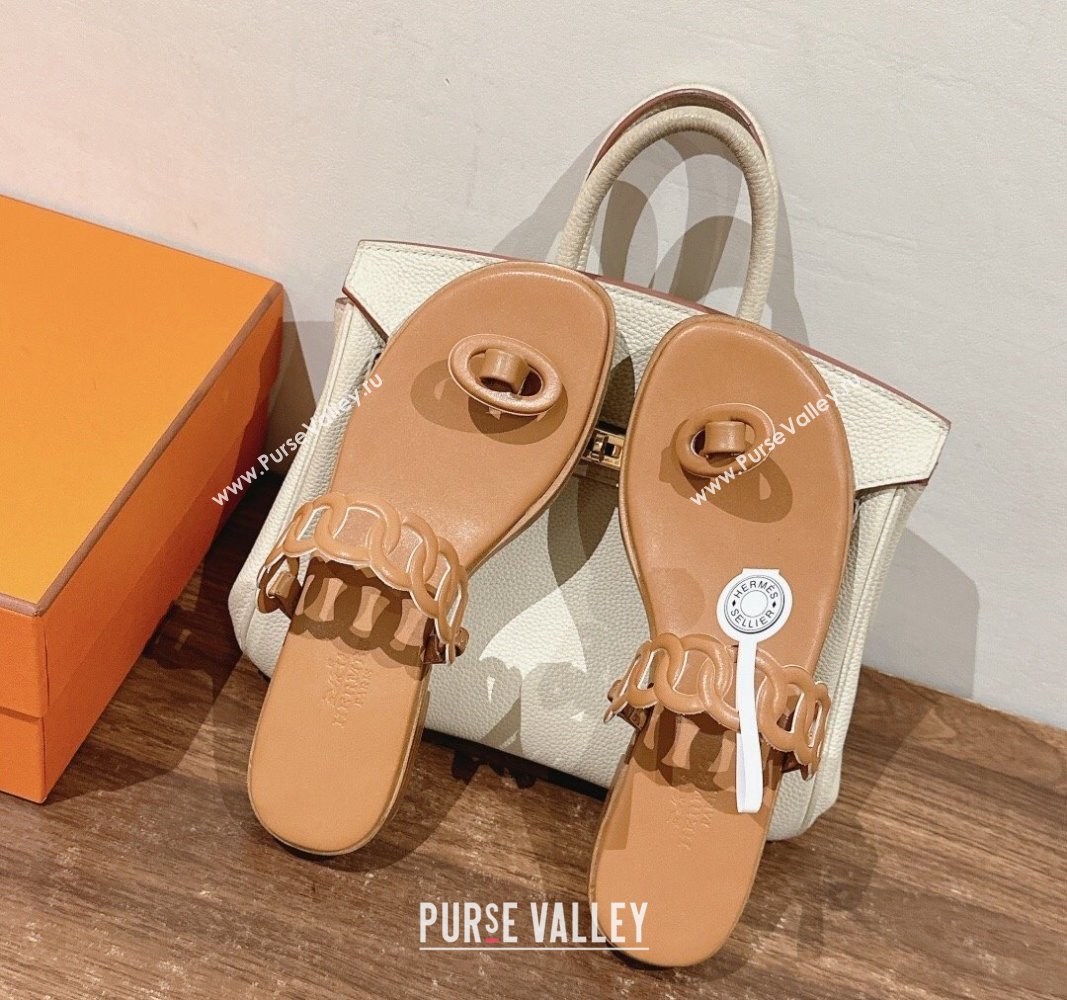 Hermes Ios Chain Flat Slides Sandal in Calfskin Light Brown 2024 (MD-240703059)