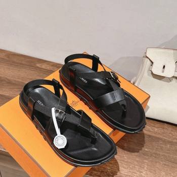 Hermes Inboard Flat Sandals with Buckle in Nappa Leather Black 2024 0703 (MD-240703006)